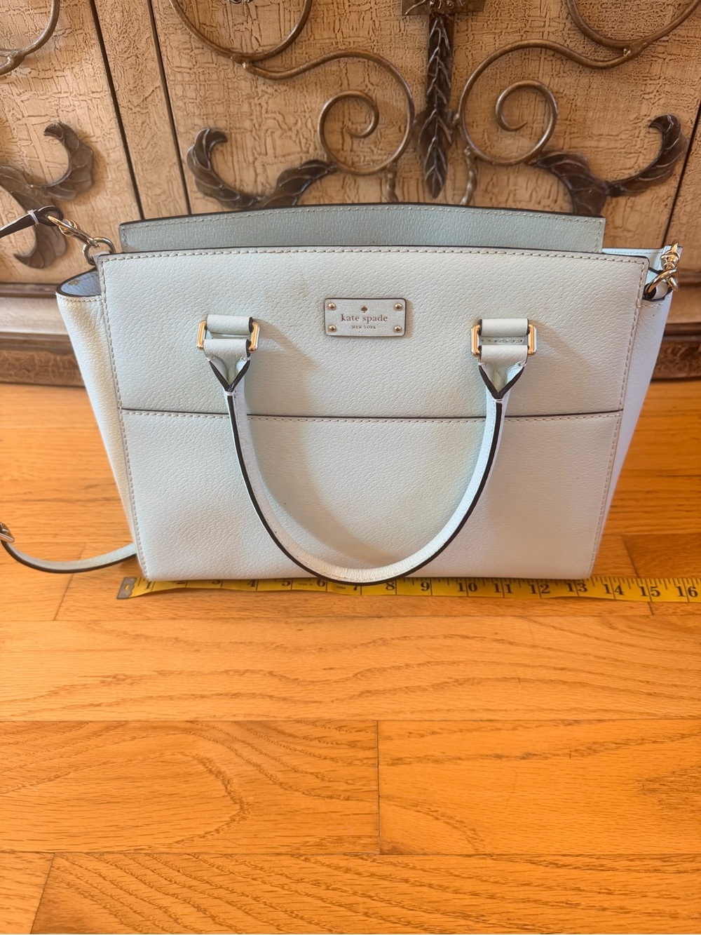 kate spade pale blue leather satchel with gold hardware